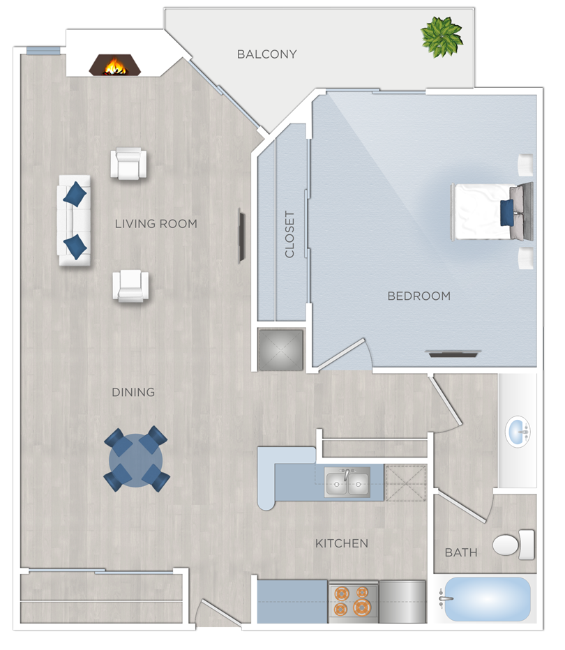 Floor plan for 1 bed, 1 bath, 766 sqft